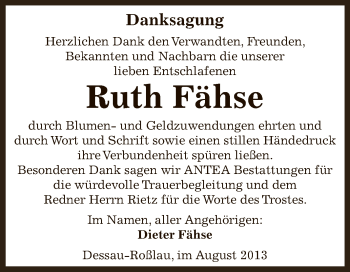 Traueranzeige von Ruth Fähse von WVG - Wochenspiegel Dessau / Köthen