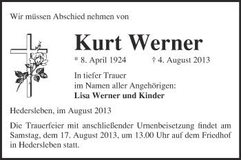 Traueranzeige von Kurt Werner von WVG - Wochenspiegel Quedlinburg