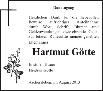Traueranzeige von Hartmut Götte von WVG - Wochenspiegel Aschersleben