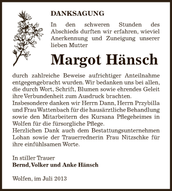 Traueranzeige von Margot Hänsch von WVG - Wochenspiegel Bitterfeld