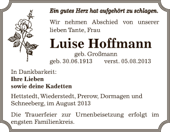 Traueranzeige von Luise Hoffmann von Super Sonntag SGH Mansf. Land