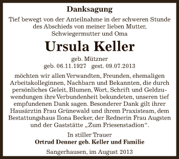 Traueranzeige von Ursula Keller von Super Sonntag SGH Mansf. Land