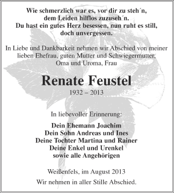 Traueranzeige von Renate Feustel von WVG - Wochenspiegel NMB / WSF / ZTZ