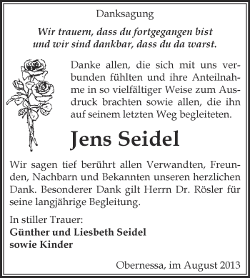 Traueranzeige von Jens Seidel von WVG - Wochenspiegel NMB / WSF / ZTZ