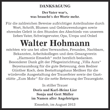 Traueranzeige von Walter Hohmann von Super Sonntag SGH Mansf. Land