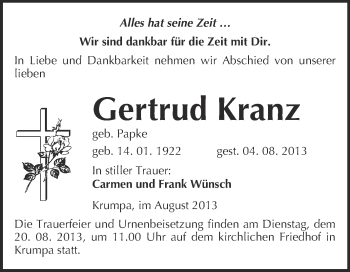 Traueranzeige von Gertrud Kranz von WVG - Wochenspiegel Merseburg