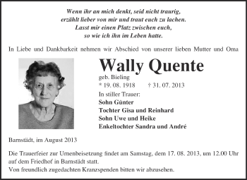 Traueranzeige von Wally Quente von WVG - Wochenspiegel Merseburg