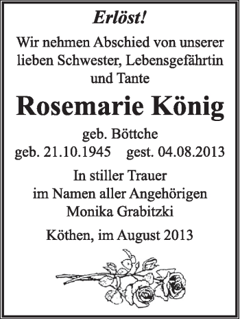 Traueranzeige von Rosemarie Böttche von Super Sonntag Dessau / Köthen