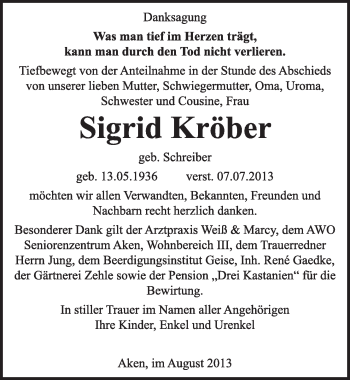 Traueranzeige von Sigrid Kröber von Super Sonntag Dessau / Köthen