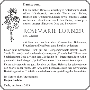 Traueranzeige von Rosemarie Lorbeer von Super Sonntag Quedlinburg