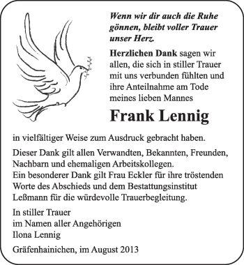 Traueranzeige von Frank Lennig von WVG - Wochenspiegel Wittenberg