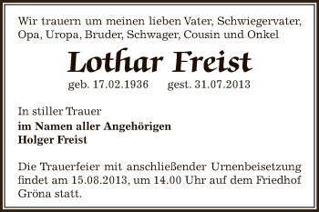 Traueranzeige von Lothar Freist von Super Sonntag Bernburg