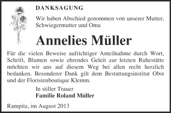 Traueranzeige von Annelies Müller von Super Sonntag Merseburg