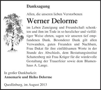 Traueranzeige von Werner Delorme von WVG - Wochenspiegel Quedlinburg
