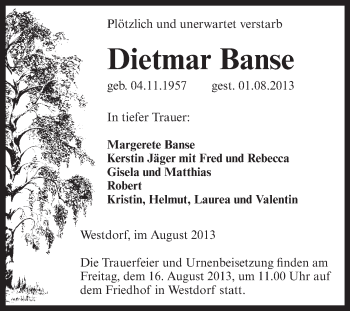 Traueranzeige von Dietmar Banse von Super Sonntag Aschersleben