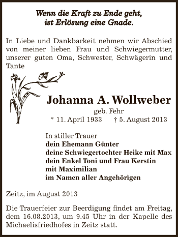 Traueranzeige von Johanna Wollweber von Super Sonntag Zeitz