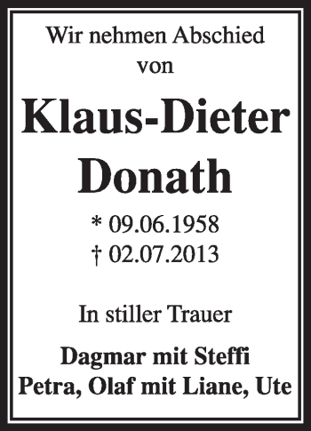Traueranzeige von Klaus-Dieter Donath von Super Sonntag Dessau / Köthen