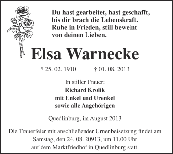 Traueranzeige von Elsa Warnecke von WVG - Wochenspiegel Quedlinburg