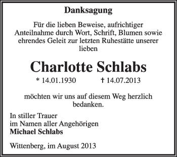 Traueranzeige von Charlotte Schlabs von WVG - Wochenspiegel Wittenberg