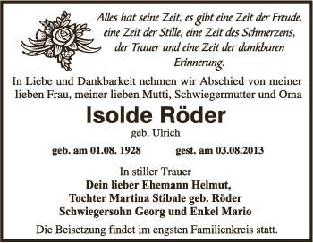 Traueranzeige von Isolde Röder von Super Sonntag Zeitz