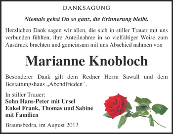 Traueranzeige von Marianne Knobloch von WVG - Wochenspiegel Merseburg