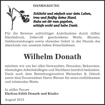 Traueranzeige von Wilhelm Donath von Super Sonntag Bernburg