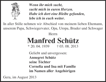 Traueranzeige von Manfred Schütz von WVG - Wochenspiegel NMB / WSF / ZTZ