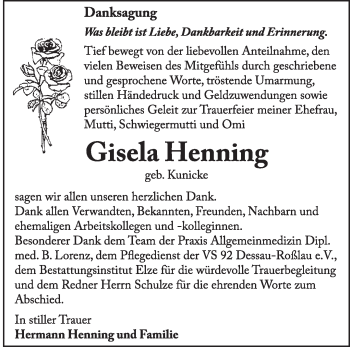 Traueranzeige von Gisela Henning von Super Sonntag Dessau / Köthen