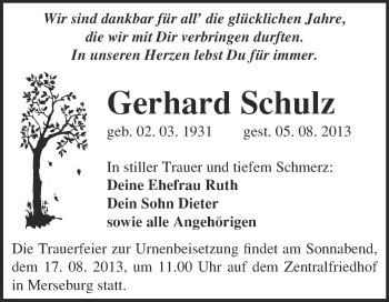 Traueranzeige von Gerhard Schulz von Super Sonntag Merseburg