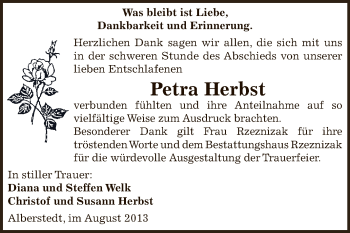 Traueranzeige von Petra Herbst von Wochenspiegel Mansfelder Land