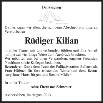 Traueranzeige von Rüdiger Kilian von Super Sonntag Aschersleben