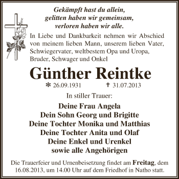 Traueranzeige von Günther Reintke von WVG - Wochenspiegel Dessau / Köthen