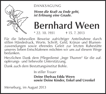 Traueranzeige von Bernhard Ween von Super Sonntag Merseburg