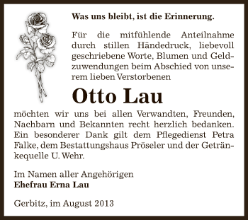 Traueranzeige von Otto Lau von Super Sonntag Bernburg