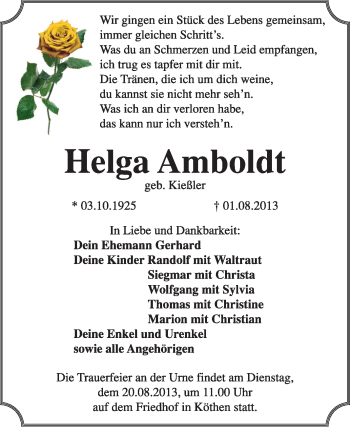 Traueranzeige von Helga Amboldt von Super Sonntag Dessau / Köthen