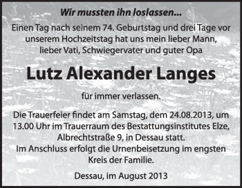 Traueranzeige von Lutz Alexander Langes von Super Sonntag Dessau / Köthen