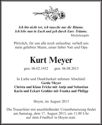 Traueranzeige von Kurt Meyer von Super Sonntag Aschersleben