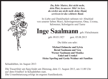 Traueranzeige von Inge Saalmann von Super Sonntag Aschersleben