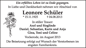 Traueranzeige von Leonore Schüler von Super Sonntag Wittenberg