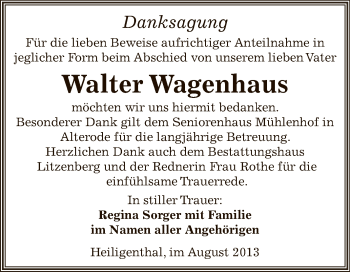 Traueranzeige von Walter Wagenhaus von Wochenspiegel Mansfelder Land