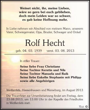 Traueranzeige von Rolf Hecht von WVG - Wochenspiegel NMB / WSF / ZTZ