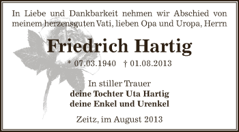 Traueranzeige von Friedrich Hartig von Super Sonntag Zeitz