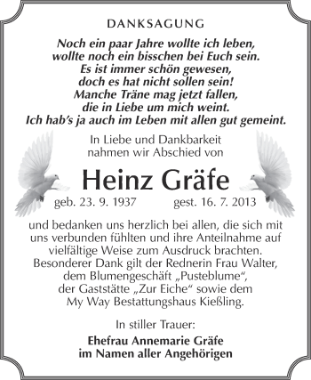 Traueranzeige von Heinz Gräfe von Super Sonntag Merseburg