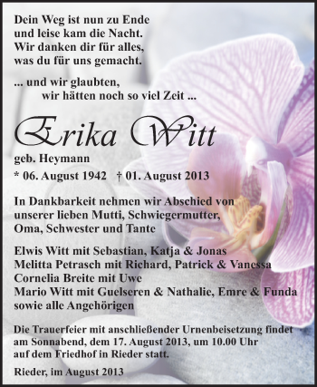 Traueranzeige von Erika Witt von WVG - Wochenspiegel Quedlinburg