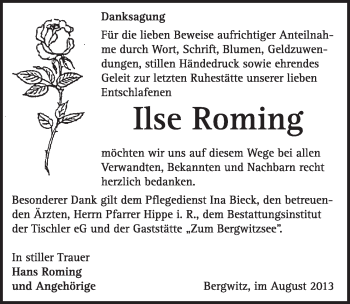 Traueranzeige von Ilse Roming von Super Sonntag Wittenberg