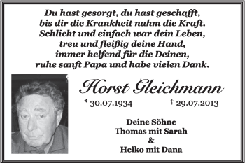 Traueranzeige von Horst Gleichmann von Super Sonntag Dessau / Köthen