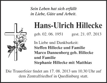 Traueranzeige von Hans-Ulrich Hillecke von WVG - Wochenspiegel Quedlinburg