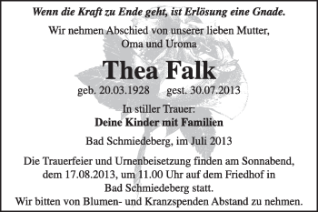 Traueranzeige von Thea Falke von WVG - Wochenspiegel Wittenberg