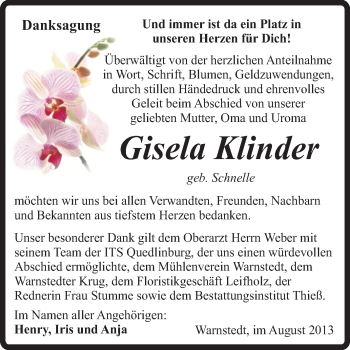 Traueranzeige von Gisela Klinder von Super Sonntag Quedlinburg