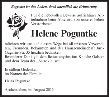 Traueranzeige von Helene Poguntke von WVG - Wochenspiegel Aschersleben